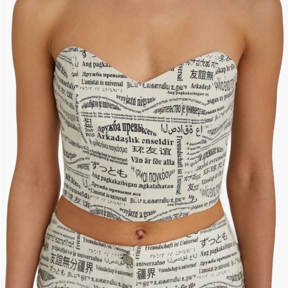 Paloma Wool Cream and Black Printed Strapless Crop Top